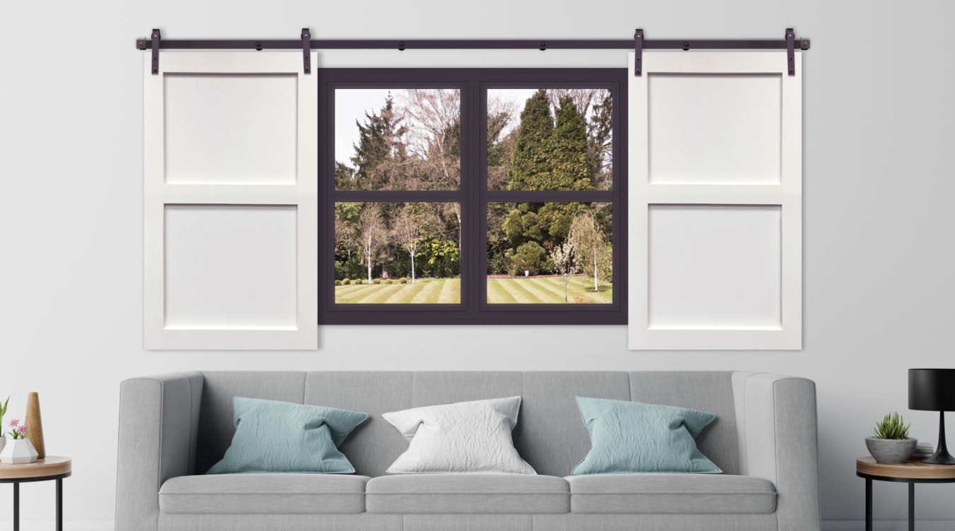 White barn door shutter in modern Southern California living room